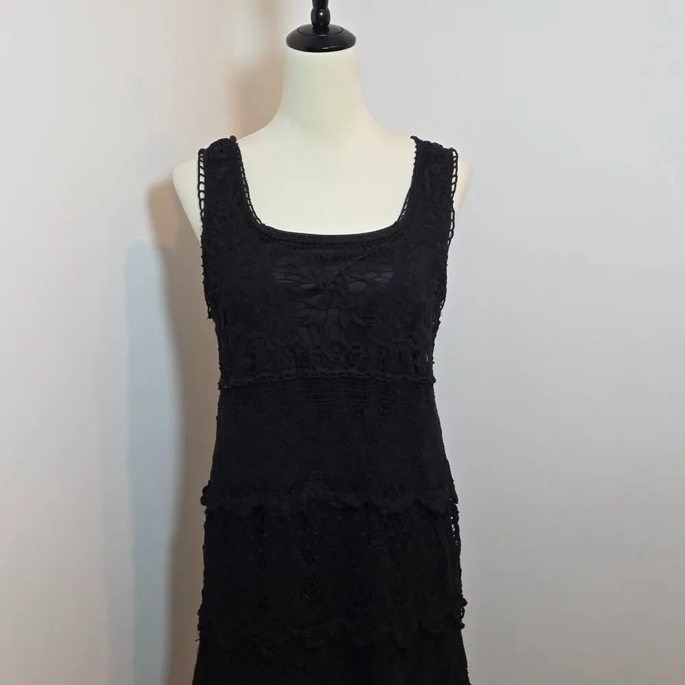 Women's Black Cotton Crochet Dress Sleeveless Lined Size L Handkerchief Boho - Picture 2 of 7